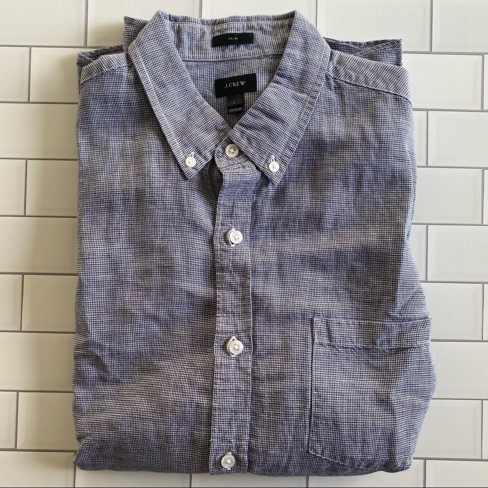 J. Crew Slim Houndstooth Plaid Linen/Cotton Shirt